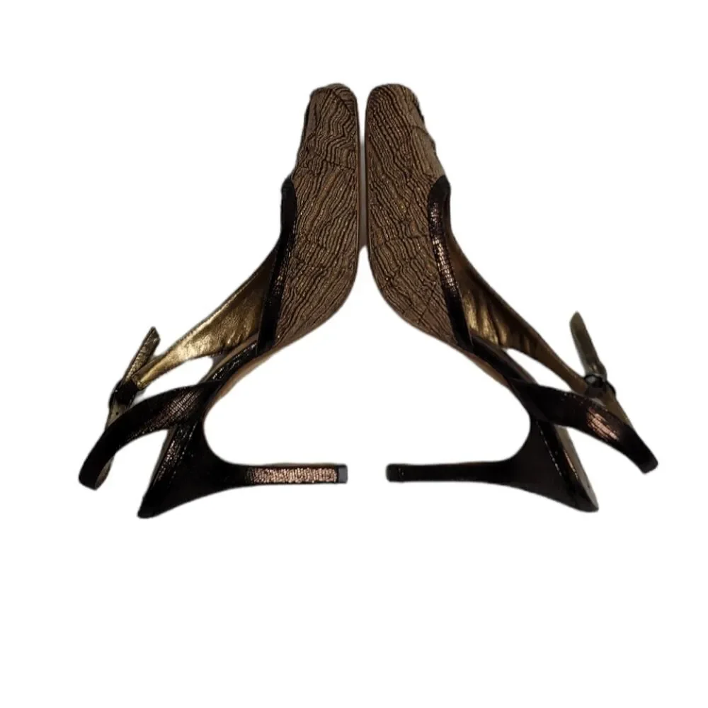 MAX STUDIO heels metallic bronze brown square toe fabric and leather slingback 8